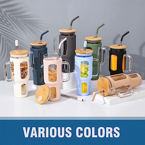 WINSA Glass Tumbler with Lid and Straw, 46 oz, Blue | Iced Coffee Cup with Handle, Large Water Bottle with Silicone Sleeve, Pearl Straw & Drinking Straw, BPA Free - color: Blue, size: 46 Ounces