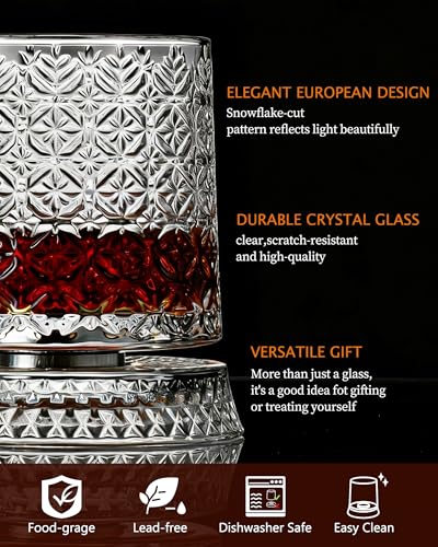 CEEFU 360° Spinning Whiskey Glasses Set with Gift Box, Set of 2 | Rotating Base (2 Crystal Glasses Set, 2 Big Ice Ball Molds) - Bourbon, Cocktail, Rocks, Gifts Ideas for Men, Gem Pattern - size: 9.5 oz-Snowflake Pattern