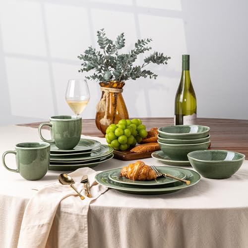 AmorArc Ceramic Dinnerware Sets for 4, Handmade Plates and Bowls Sets | Stoneware Reactive Glaze Dish Set, Scratch Resistant, Dishware Set for Kitchen Wedding, Dishwasher & Microwave Safe, 12 Pcs - color: Jade Green