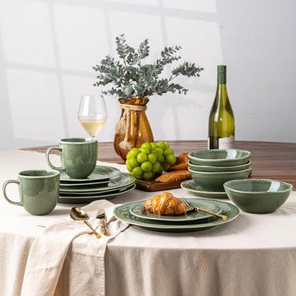 AmorArc Ceramic Dinnerware Sets for 4, Handmade Plates and Bowls Sets | Stoneware Reactive Glaze Dish Set, Scratch Resistant, Dishware Set for Kitchen Wedding, Dishwasher & Microwave Safe, 12 Pcs - color: Jade Green
