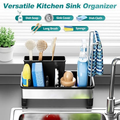 Kitchen Sink Caddy Organzier with High Brush Holder - Sponge Holder for Kitchen Sink with Towel Racks - Rustproof 304 Stainless Steel Kitchen Countertop Storage Essentials - color: Black