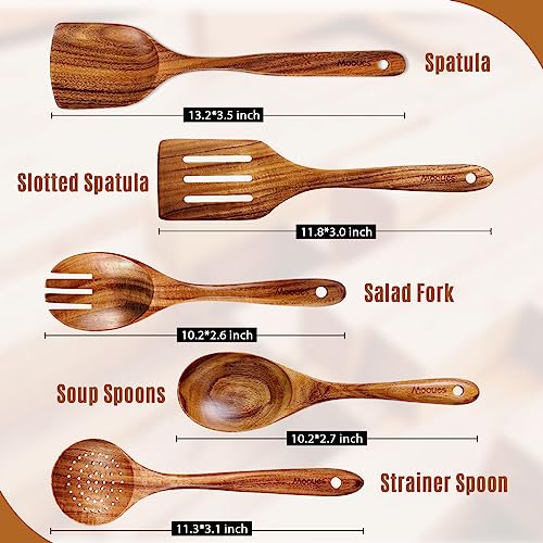 Wooden Kitchen Utensil Set, 5 PCS Natural Teak Wooden Spoons for Cooking | Wooden Spoons for Cooking with Comfort Grip, Smooth Durable Heat Resistant Cooking Spoons and Cooking Utensils for Cooking - size: 5 PCS Set