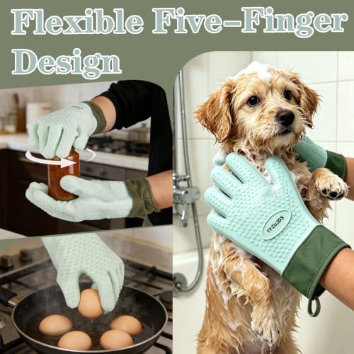 Silicone Oven Gloves with Fingers Heat Resistant 450°F in Kitchen | 1Pair Silicone Oven Mitts, Waterproof, Non-Slip, Extended Cuff Cotton Lined Kitchen Mitts for Baking Cooking Barbecue(Green) - style: green