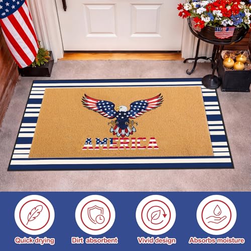 Timgle 2 Pcs Eagle Patriotic Doormat Set America Flag Veterans Day Outdoor Rug and Navy White Striped Area Rug Non-Slip Welcome Front Mat for Memorial Day Home Decor - style: Bald Eagle