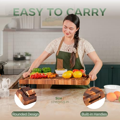 Howizz Solid Acacia Wood 17"x13" Cutting Board, Extra Thick 1.5" End Grain Butcher Block For Kitchen, Non Toxic Pre-Oiled Carving Tray, Juice Grooves and Easy Grip Handle Chopping Board - color: End Grain, size: 17"L x 13"W