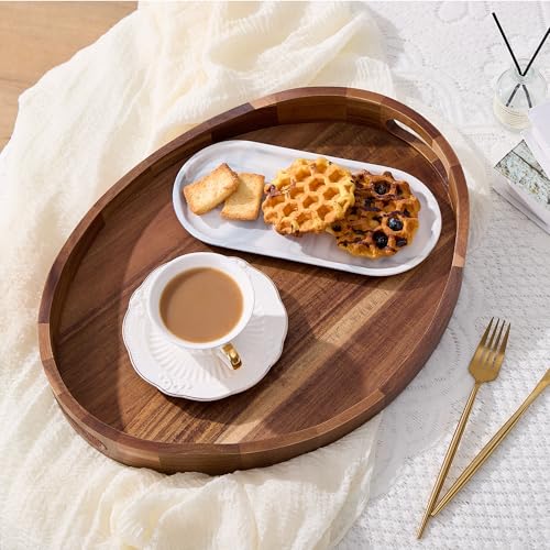 Acacia Wood Serving Tray with Handles - 17'' x 13'' Round, Decorative Ottoman Trays for Breakfast, Home Decor, Tea Party, Coffee Table, Candle Display, Kitchen Counter Board