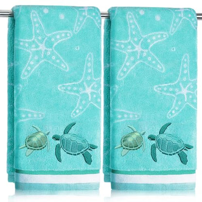2 Pcs 13.7x29.5 Inch Sea Turtle Hand Towels | Jacquard 100% Embroidered Cotton, Soft Coastal Summer Beach Towel, Kitchen Bathroom Home Decor Gift
