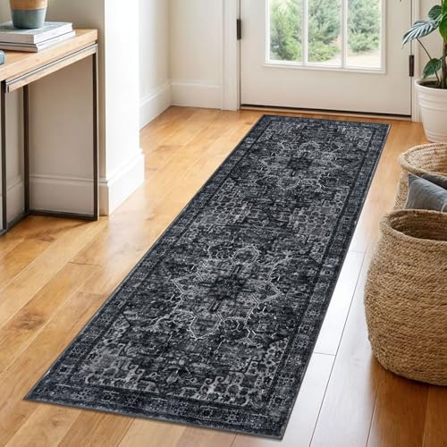 SIILOOM 2x6 Washable Runner Rug, Non Slip Soft Area Rug for Hallway Kitchen | Boho Vintage Spill & Stain Resistant Low Pile Carpet for Entryway Office Laundry Bedroom, Easy Clean - color: Black White, size: 2' x 6' (Runner)
