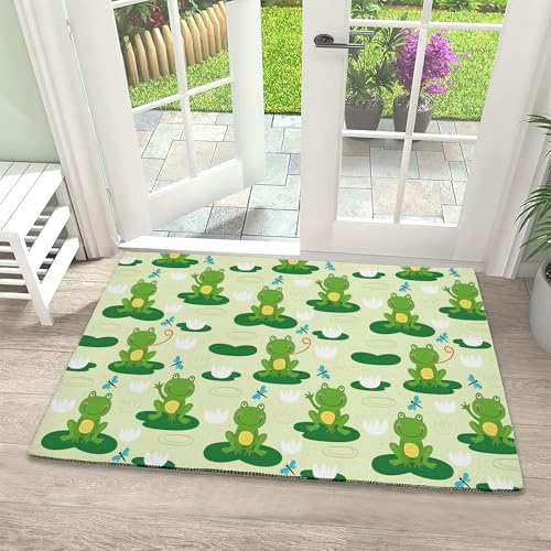 Door Mat, Cute Frog Welcome Mat, Blue Dragonfly Doormats Indoor Entrance, Indoor Outdoor Mat, Low-Profile Floor Rugs for Entry, Patio, 17''x30'' - color: Cute Frog