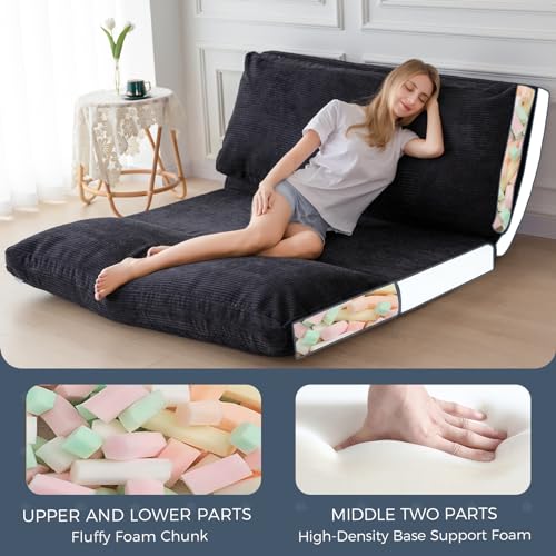 MAXYOYO Folding Sofa Bed, Extra Thick and Long Floor Sofa Convertible Chair with Washable Cover, Floor Couch Lounge Bean Bag Bed for Living Room, Black, 39x91 Inch | Extra Thick with Washable Cover, Chaise Lounge, Bean Bag Couch Bed for Bedroom Living Roo