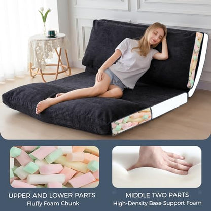 MAXYOYO Folding Sofa Bed, Extra Thick and Long Floor Sofa Convertible Chair with Washable Cover, Floor Couch Lounge Bean Bag Bed for Living Room, Black, 39x91 Inch | Extra Thick with Washable Cover, Chaise Lounge, Bean Bag Couch Bed for Bedroom Living Roo