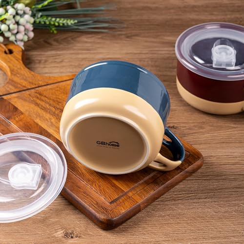 GBhome Ceramic Soup Mugs with Handles and Lids,24 OZ Soup Cups Set of 2 | Terracotta Underside,Mug Bowls with Spoon for Soup/Cereal/Salad/Noodles/Ramen/Microware &Dishwasher Safe-Blue&Red - color: Blue&Red