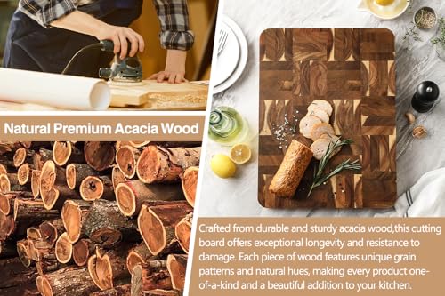XINZUO Large Thick End Grain Acacia Wood Cutting Board -(16‘’L x 12''W x 1.6''T)-Dark Wood Cutting Board,Reversible Wooden Chopping Board with Non-Slip Feet-Catches Food and Waste-Giftbox - size: 16"L x 1"W