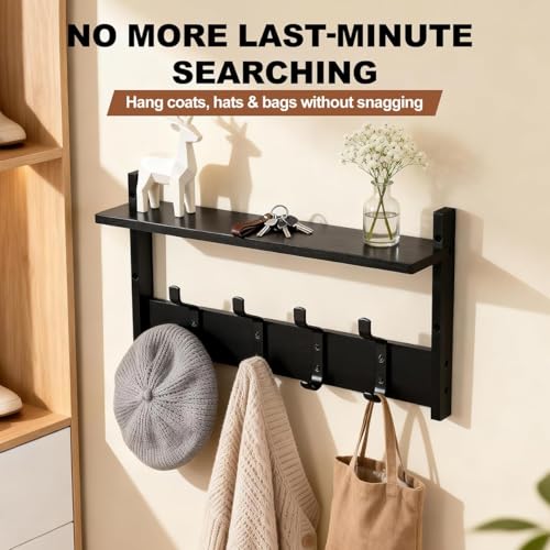 PEKER Coat Rack Wall Mount with Shelf, Solid Wood Entryway Organizer with 4 Metal Hooks, Wall-Mounted Organizer for Entryway, Bathroom, Bedroom & Kitchen, Hanging Rack for Coats, Hats, Bags & Towels