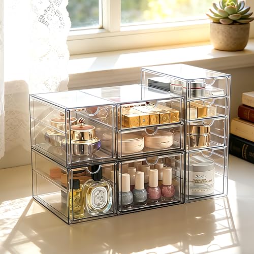 Prsildan Acrylic Drawer Makeup Organizer with 9 Drawers, Set of 3 Office Desk Organizers Accessories, Clear Stackable Storage Drawers for Vanity, Countertop, Craft, Jewelry, Art Supply Organization - size: 9 Drawers