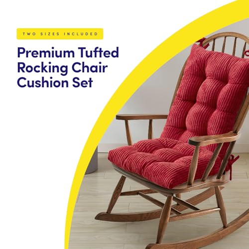 Rocking Chair Cushion Premium Tufted Pads Non Skid Slip Backed Crushed Velvet Cover Set of Upper and Lower with Ties, 21 in x 17 in | 17 in x 17 in, Velvet Red - color: Velvet Red, style: 21" X 17"/17" X 17" (Pack of 1)