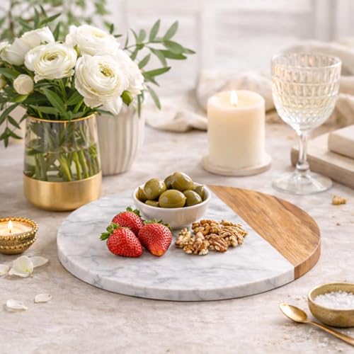 White Marble Board, 10 Inches | Cheese Board, Acacia Wooden Serving Tray, For Charcuterie, Cheese, Meats, Fruit, Crackers, Cutting Board, Round Slab - color: White, size: 10"L x 10"W