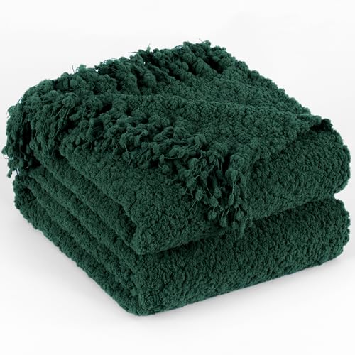 Throw Blanket for Couch, Knitted Throws with Fringe Tassels | Dark Green 60X80 Handmade Feeling Luxury Textured Blankets for Bed Sofa Chunky Knit Soft Farmhouse Boho Decor - color: Dark Green, size: Twin (60"x80")