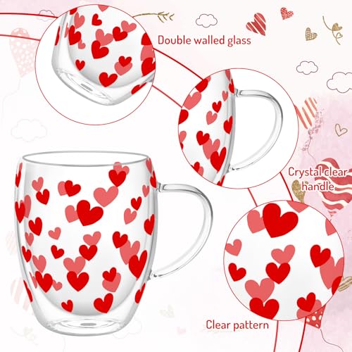 JarThenaAMCS Valentine' s Day Double Wall Glass Coffee Mugs Insulated Glasses 12Oz Red Heart Clear Espresso Cups with Handle for Home Holiday Supplies, Set of 2 - style: Red Heart