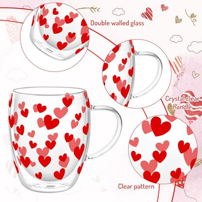 JarThenaAMCS Valentine' s Day Double Wall Glass Coffee Mugs Insulated Glasses 12Oz Red Heart Clear Espresso Cups with Handle for Home Holiday Supplies, Set of 2 - style: Red Heart