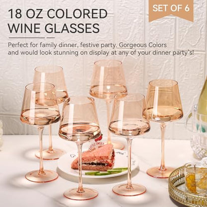 Light peach orange Wine Glasses Set of 6,18oz Blush Pink Wine Glassware Gift Set-Pale peach Hand Blown light peachy-orange Glass Drinkware for Red White Wine - color: Light Amber