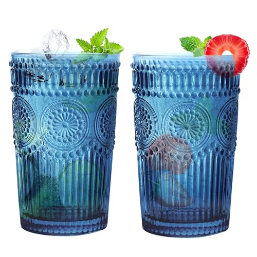 Loivttvv 6pcs Vintage Drinking Glasses Set, 12 oz Blue Highball Glasses, Embossed Ribbed Glassware Cups for Cocktail, Water, Juice, Coffee, Whiskey - color: Blue