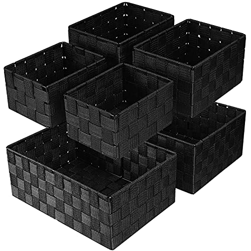 Storage Baskets: 6 Pack Stackable Woven Storage Bins, Black | Decorative Woven Baskets for Organizing with Built-In Handles for Shelves, Closets, Cabinets and Cubbies, Gift Small Basket - color: Black, size: 6 pack