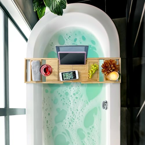 Elama Expandable Bamboo Bath Tray, Adjustable Bathtub Caddy with Book & Tablet Holder, Wine Glass Slot, and Spa Accessory Compartments