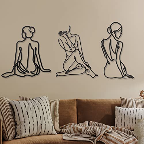 Photect 3 Pcs Metal Wall Art Decor Minimalist Abstract Woman Wall Art Metal Modern Line Drawing Decor Female Single Line Home Hanging for Bedroom Bathroom Living Room Housewarming(Vintage,Black) - color: Black, style: Retro Vintage