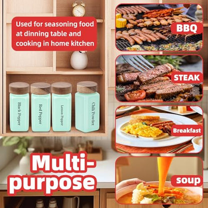 6Pcs 4 oz Square Glass Spice Jars with Label, Empty Spice Containers with Wooden Lids, Square Seasoning Containers and Supplement Set, Small Seasoning Bottles for Salt, Sugar, Pepper (Turquoise) - color: Turquoise