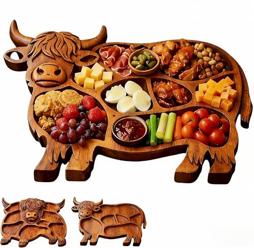 Highland Cow Wooden Charcuterie Board, Rustic Farmhouse Serving Board, Appetizer Board, for Snack Fruit Meat Cheese Home Party Banquet Family Gathering Dining Table Holiday Kitchen (B) - color: B