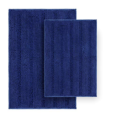 Striped Chenille Bathroom Rugs and Mats Sets, Ultra Soft Chenille Microfiber, Absorbent Non-Slip Machine Washable Bath Rugs, Bath Mat for Bathroom, Shower Mat, Tub, 20"x32" & 18"x24", Navy - color: Navy Blue, size: Set of 2 - 20" x 32" + 18" x 24"
