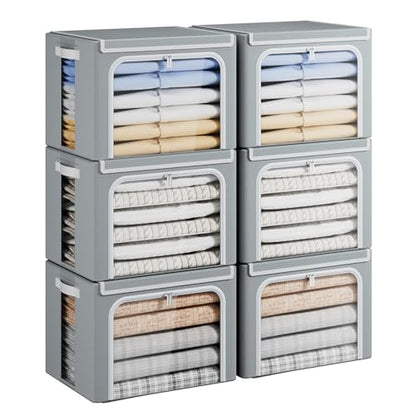 Yecaye Stackable Clothes Storage Bins with Lid, Grey, 40L, 6 Pack | Metal Frame, Foldable, Clear Window & Zippers & PU Leather Handles - color: Grey, size: Medium(6 Pack)