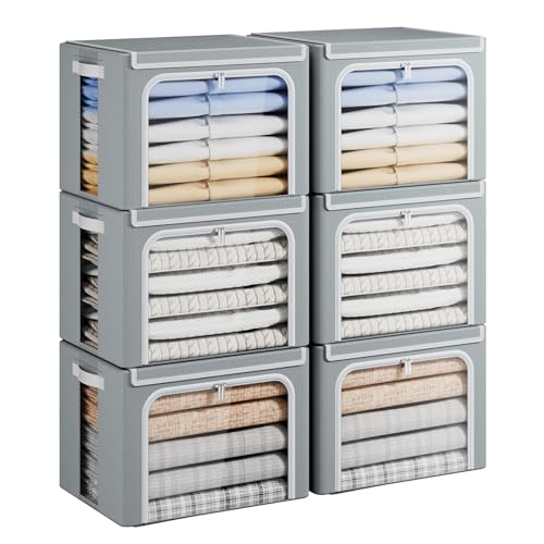 Yecaye Stackable Clothes Storage Bins with Lid, Grey, 40L, 6 Pack | Metal Frame, Foldable, Clear Window & Zippers & PU Leather Handles - color: Grey, size: Medium(6 Pack)
