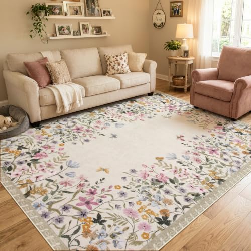 Wonnitar 8x10 Washable Area Rug, Beige Floral Rug for Living Room, Boho Large Non Slip Bedroom Carpet, Low Pile Soft Nursery Rug, Farmhouse Dining Room Decor (8x10 Beige) - color: Beige, size: 8' x 10' (Rectangular)