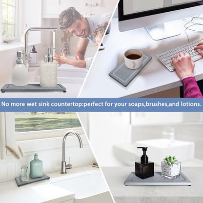 2 PCS Water Absorbing Stone Trays for Bathroom Sink Fast Drying Coasters | 9.5" x 4.7", Vanity Tray, Diatomaceous Earth Mat, Hand Soap Holder with Anti-Skid Feet, Kitchen Counter, Sink Caddy Organizer - color: 9.45" X 4.72" Grey