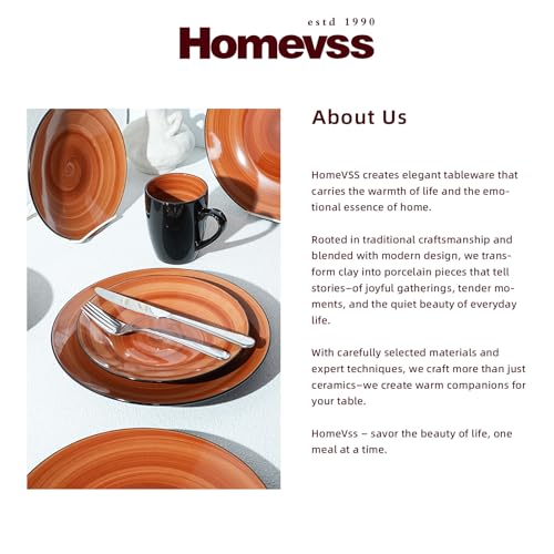 HomeVss, Sonoma Stoneware 16pc Dinnerware Set, Outside Black + Inside Hand Painting Color Spice - color: Spice