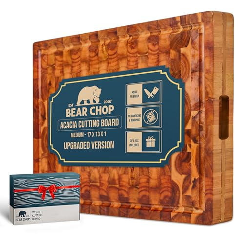 Bearchop Acacia Wood Cutting Board for Kitchen, Wooden Butcher Block with 4-Side Reinforced Bar for Anti Crack/Warp, [17"x13"x1"] Medium End Grain Cutting Boards with Gift Box, Juice Groove, Handle
