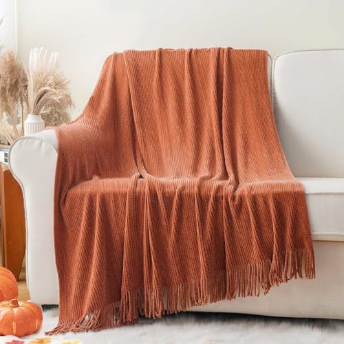 BATTILO HOME Rust Orange Throw Blanket for Couch, 60"x80" | Soft Chenille Throw Blanket with Tassels for Fall Decor, Fall Throw Blanket for Home Decoration - color: Chenille-caramel, size: 60 x 80 in.