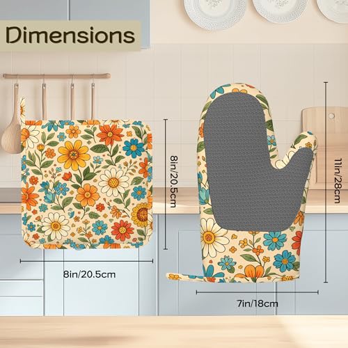 Retro 70s Boho Floral Oven Mitts and Pot Holders Sets of 4, Heat Resistant Silicone Oven Mitts Gloves Non-Slip Kitchen Mittens Potholders for Cooking Baking Grilling BBQ - color: Boho Floral