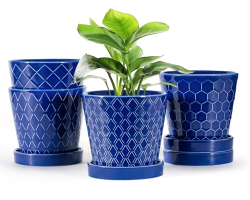 EFISPSS Ceramic Plant Pots, 5Inch Pots for Indoor Plants, Planters with Drainage Holes and Ceramic Tray,Plant Lover Gift, Desktop Office Windowsill Decoration Gift Set of 4 - Blue - color: Crystal Blue