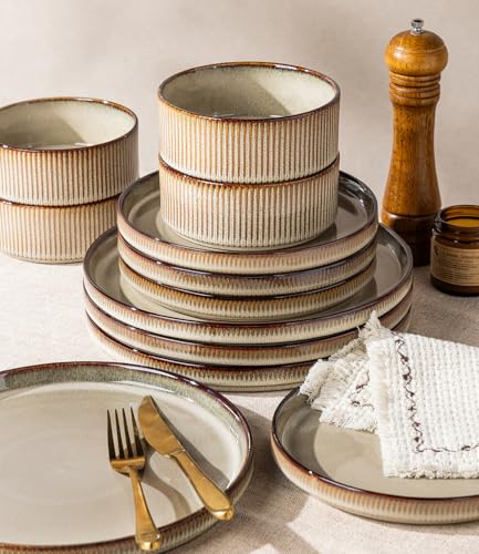 GBHOME Stoneware Dinnerware Sets for 4, 12 Pieces Plates and Bowls Set | Lightweight Ceramic Ribbed Dishes, Reactive Glaze Stackable Plate Set, Scratch Resistant, Microwave & Dishwasher Safe - color: Driftwood Taupe