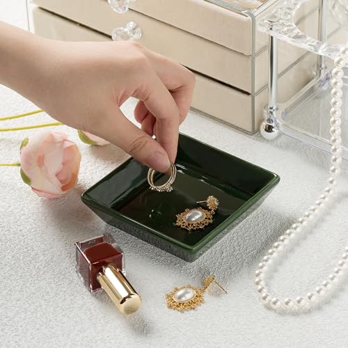 Ceramic Trinket Dish, Small Jewelry Ring Tray, Dark Green | Glazed ceramic jewelry tray. Stores rings, earrings, necklaces, bracelets. Easy to clean. Perfect for vanity and entryway. - color: Dark Green Surface