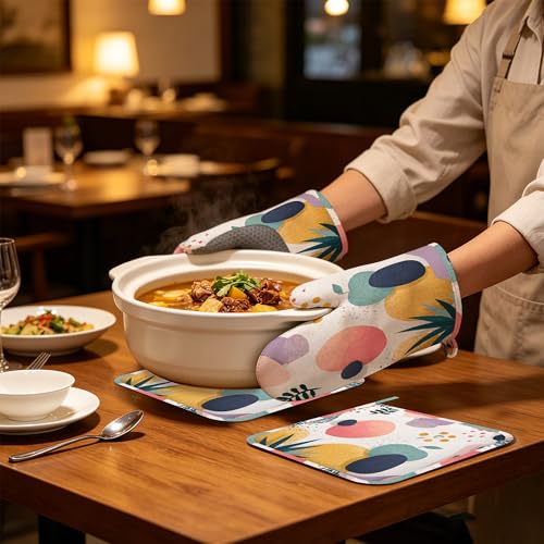 Oven Mitts and Pot Holders Boho Tropical Leaves Silicone Kitchen Accessories Set of 4 Heat Resistant Gloves Potholder Non-Slip Grip for Chef Cooking Baking Grilling BBQ - color: Boho Tropical Leaves