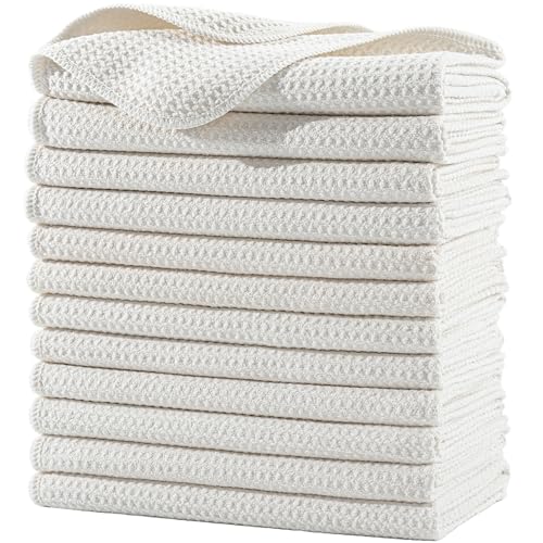 POLYTE 340 GSM Microfiber Waffle Kitchen Dish Tea Towel, 16x28 in, 12 Pack | Lint Free, Quick Dry - color: Off White, size: 16x28 in