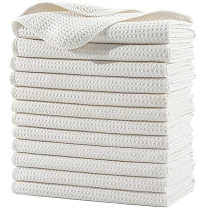POLYTE 340 GSM Microfiber Waffle Kitchen Dish Tea Towel, 16x28 in, 12 Pack | Lint Free, Quick Dry - color: Off White, size: 16x28 in