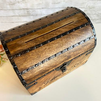 Personalized Treasure Chest with Card Slot, Antique Lock & Skeleton Keys (Large 13x10x10) – Pirate Decor, Wooden Keepsake Box, Decorative Wooden Box for Weddings & Anniversaries - size: Large 13x10x10