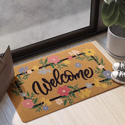 Carvapet 17x30 Artificial Coir Doormat, Flower Garland Welcome Mat | Floral coir doormat 17x30 under $25 for front door entry non-slip rubber backing outdoor indoor spring summer welcome mat - color: Welcome Flower Garland, size: 17.3" x 29.5"