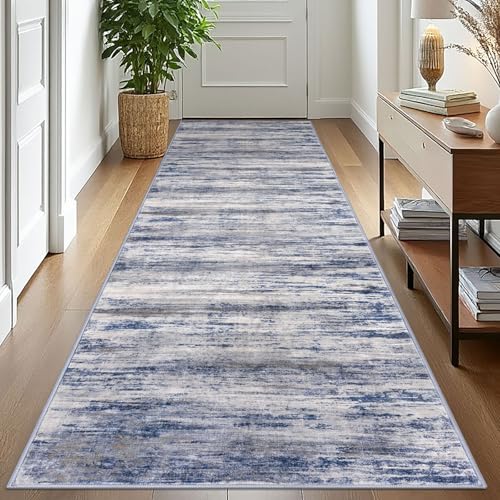 KOZYFLY 3x10 Ft Rug Modern Ombre Runner Rug for Hallway, Washable Kitchen Rugs Non-Slip Soft Striped Entryway Rug, Print Grey-Blue Abstract Carpet for Laundry Nursery - color: Blue-grey, size: 3' x 10' (Runner)