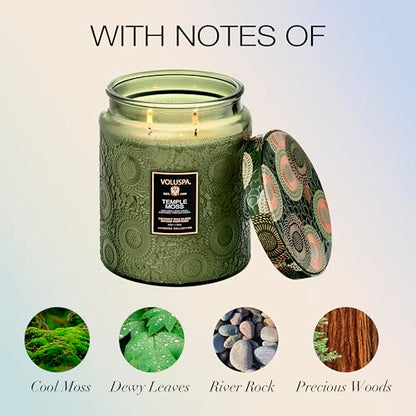 Voluspa Temple Moss, Two Wick Luxe Candle Jar, 44 oz, Coconut Wax Blend, Scented Candles for Home, 140 Hour Burn Time, Handcrafted in the USA - color: 23 - Temple Moss Two Wick